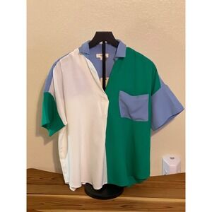 Entro Colorblock Button Up Shirt Women's Short Sleeve Casual Chic Top